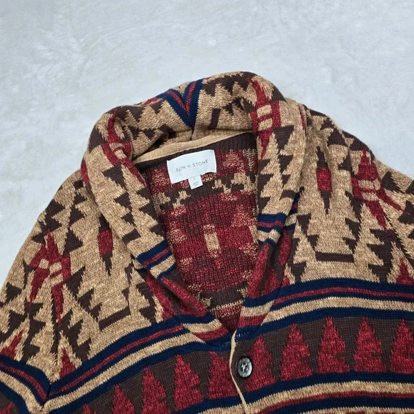 Sun Stone Cardigan Sweater Men Small Geometric Southwestern Aztec Shawl Collar